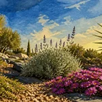 Plantes plein soleil sans arrosage : rocaille ensoleillée, lavande, thym, romarin et pourpier Delosperma