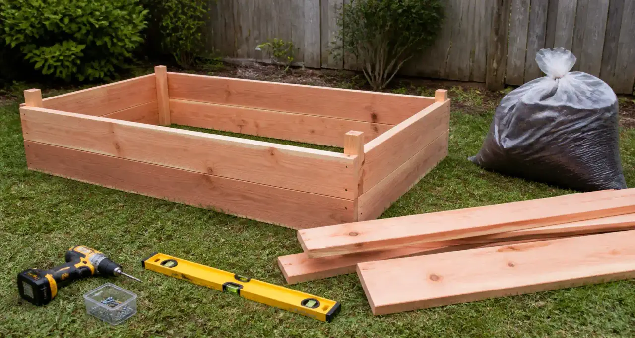 Construction d'un bac potager en bois dans le jardin, perceuse et niveau à bulle