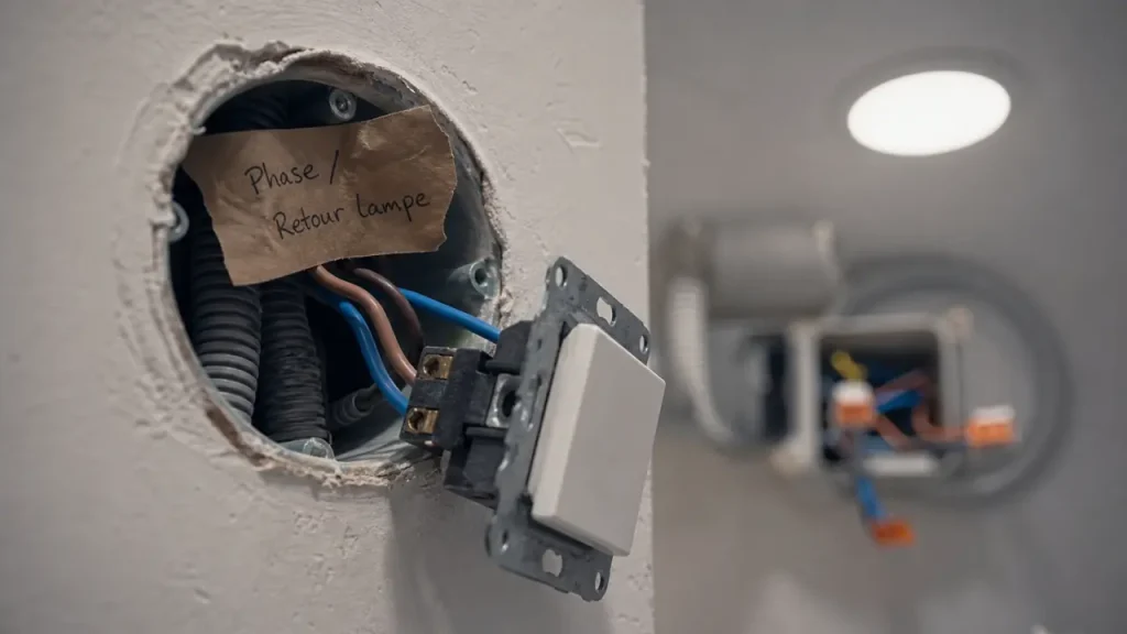 Cablage simple allumage : phase et retour lampe au neutre, boîte d’encastrement