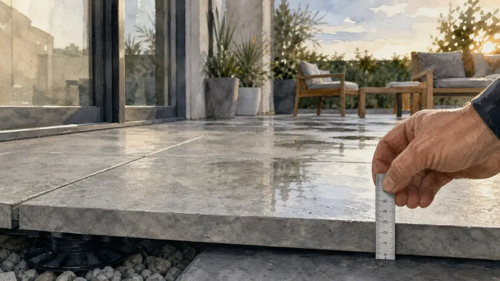 Carrelage terrasse moderne : effet béton, R11 et pose sur plots pour une terrasse durable