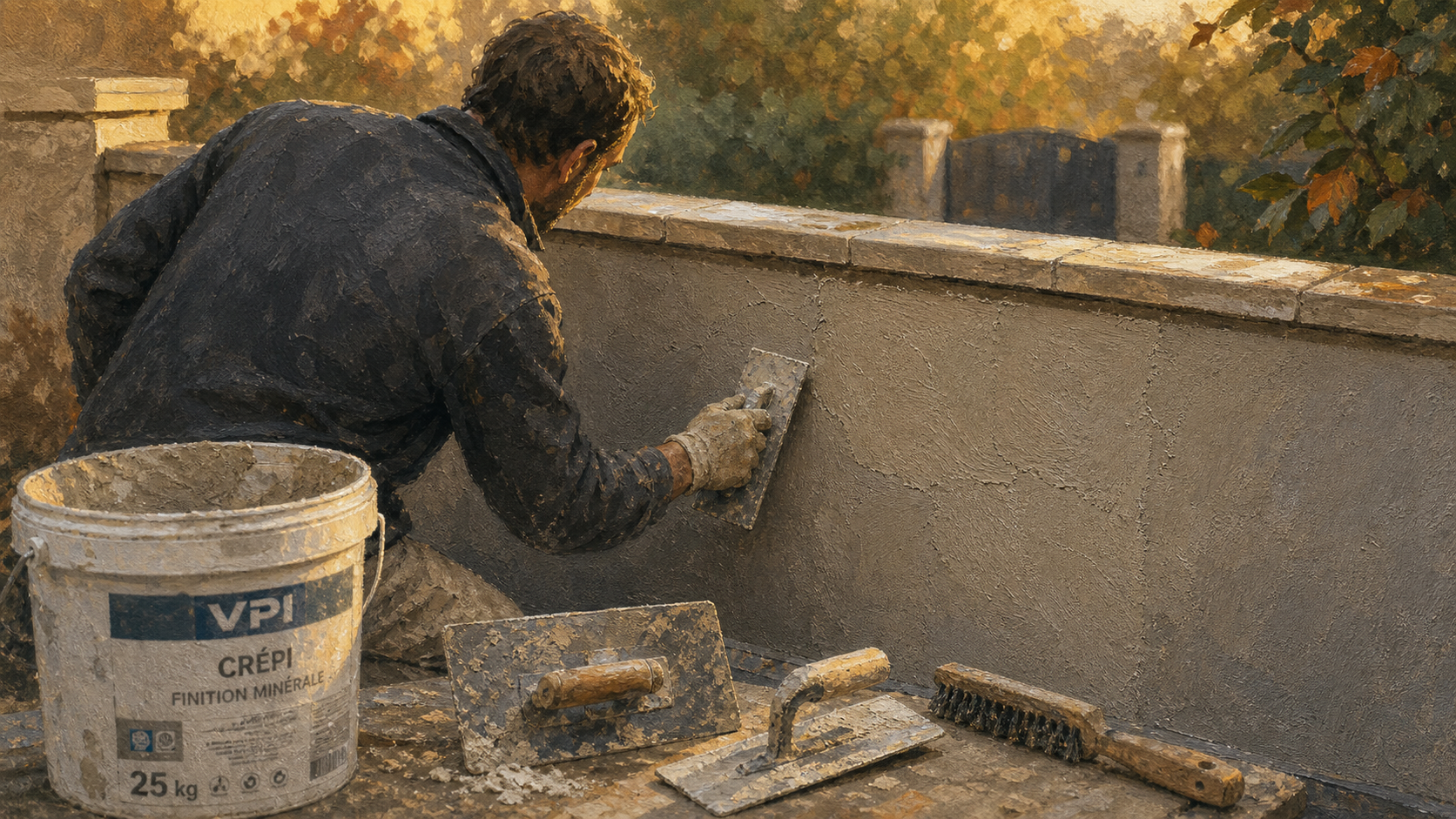 Crépi muret : artisan applique l’enduit sur un muret en extérieur