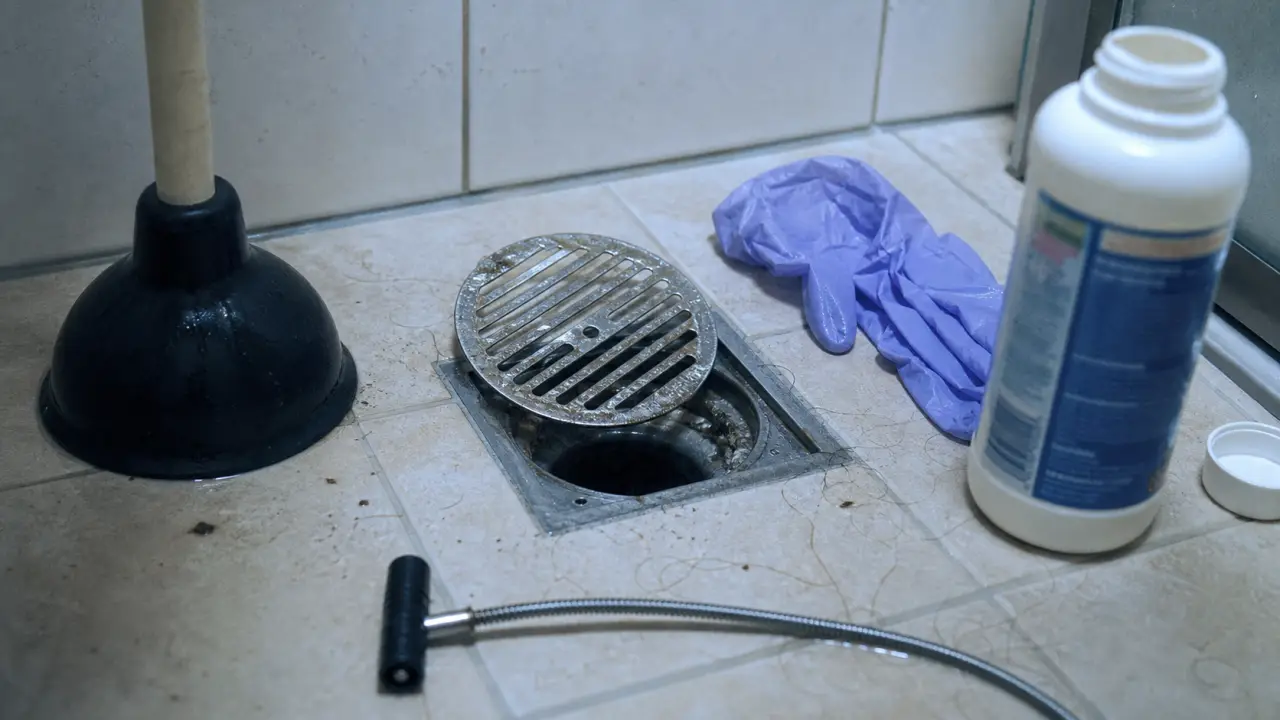 Déboucher douche produit : furet et déboucheur près d’une bonde de douche encombrée de cheveux