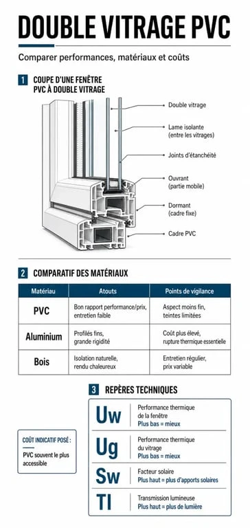 Infographie sur les fenêtres double vitrage PVC avec comparaison des performances, des matériaux et des repères techniques