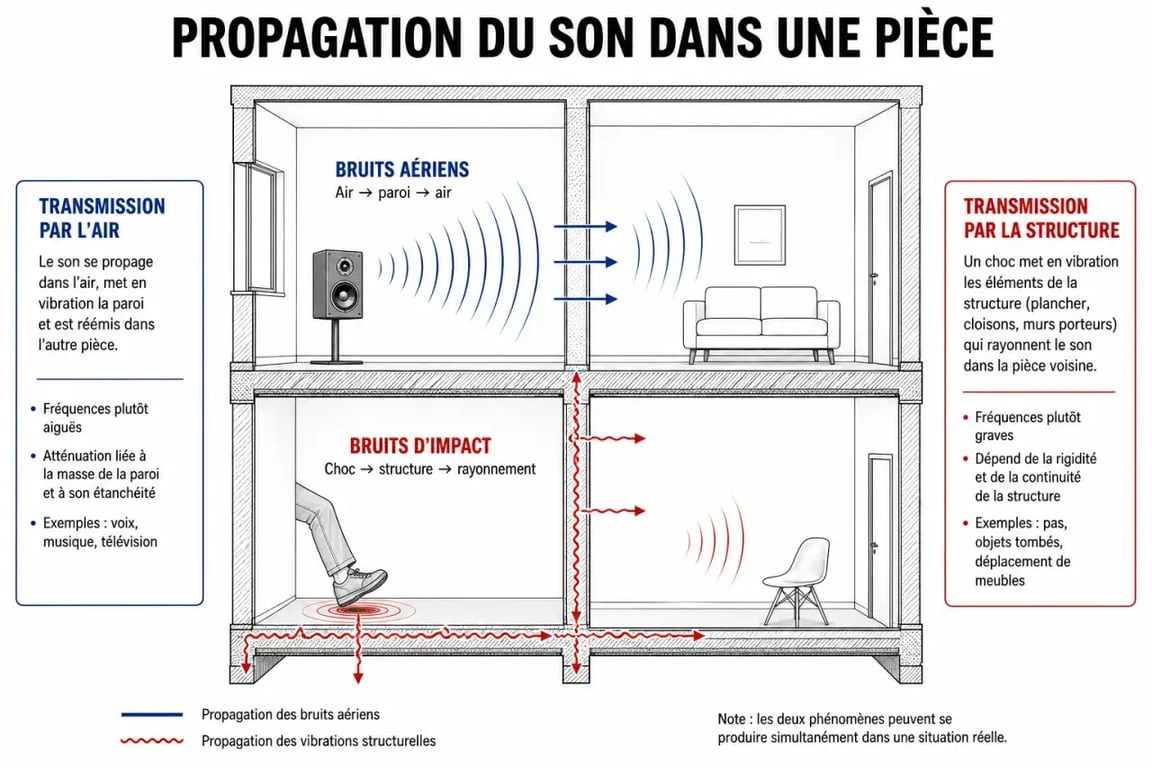 Schéma explicatif pour isoler phoniquement une pièce : bruits aériens vs bruits d'impact