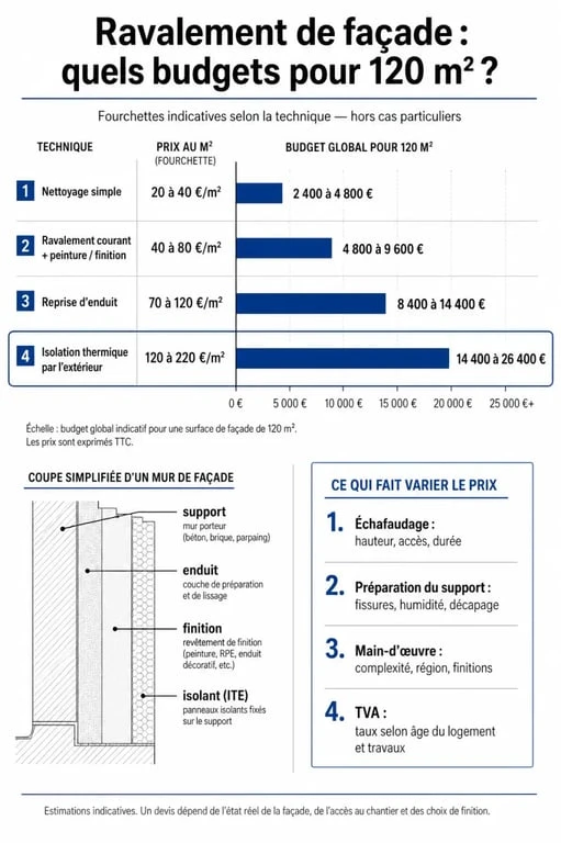Prix ravalement façade maison 120m2 : infographie comparative des coûts selon la technique