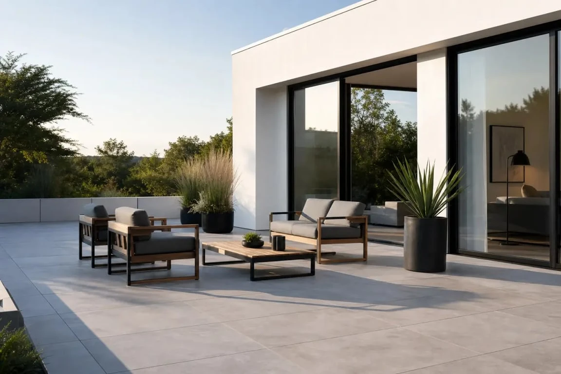 Carrelage terrasse moderne effet béton gris clair sur terrasse contemporaine
