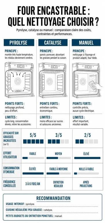 Infographie comparative des méthodes de nettoyage pour le meilleur four encastrable : pyrolyse, catalyse et manuel