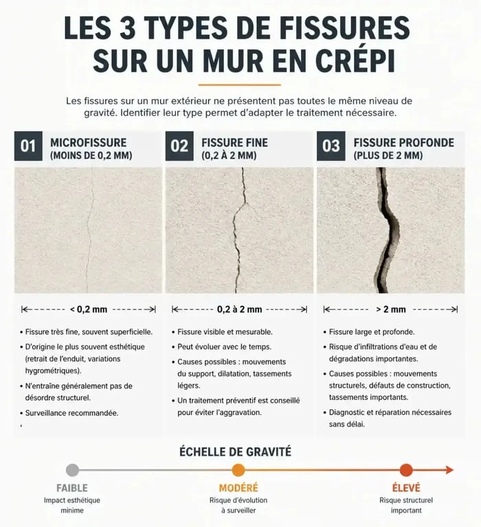 Schéma explicatif des types de fissures sur crépi extérieur pour identifier la gravité des microfissures.