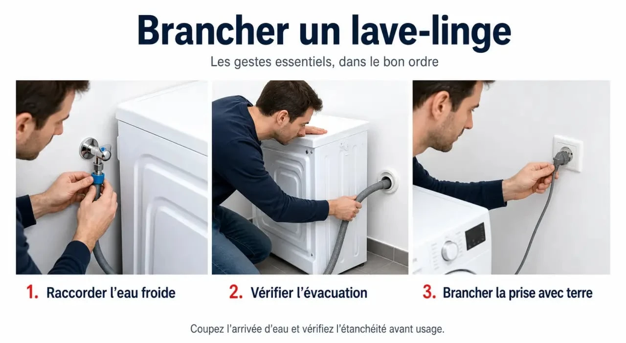 Lave linge branchement dans une buanderie avec raccordement de l'eau, de l'évacuation et de l'électricité