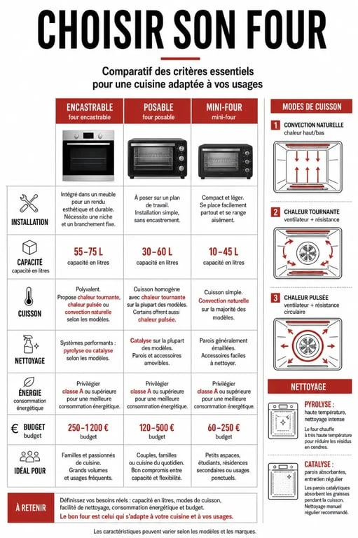 Quel four choisir : infographie comparative des types de fours, modes de cuisson et critères d’achat