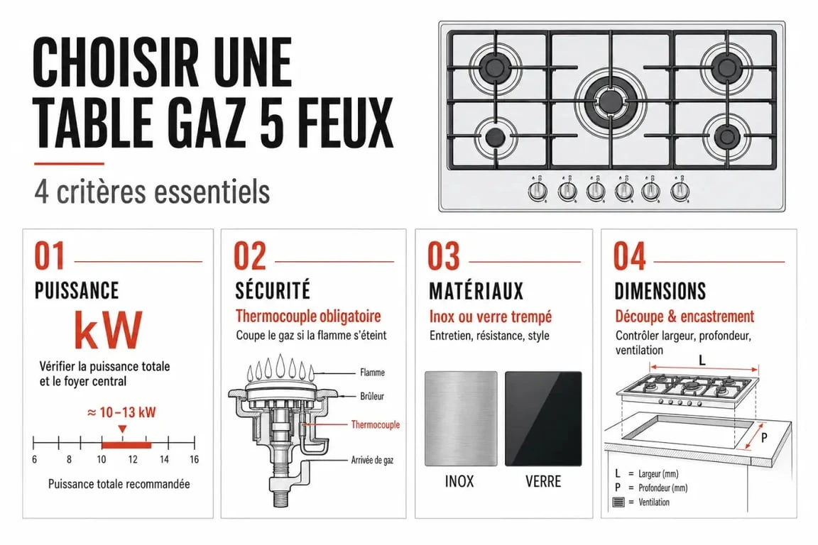 Infographie des critères de choix pour la meilleure plaque de cuisson gaz 5 feux