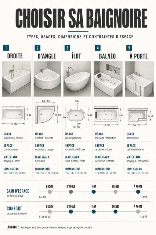 Baignoire de salle de bain : comparaison visuelle des principaux types et usages