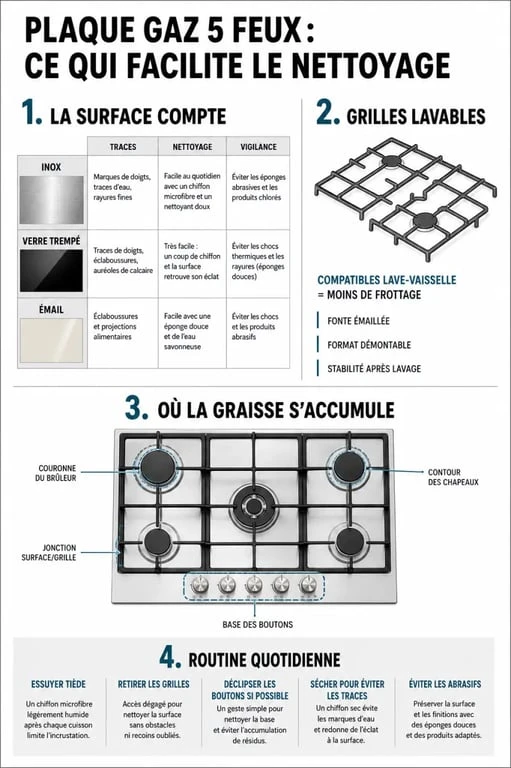 Plaque de cuisson gaz 5 feux facile à nettoyer : infographie sur les surfaces, les grilles et l'entretien quotidien