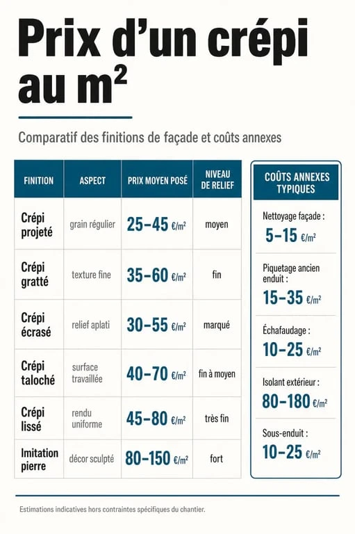 Crépi prix m2 : comparaison des tarifs par type de finition et des coûts annexes