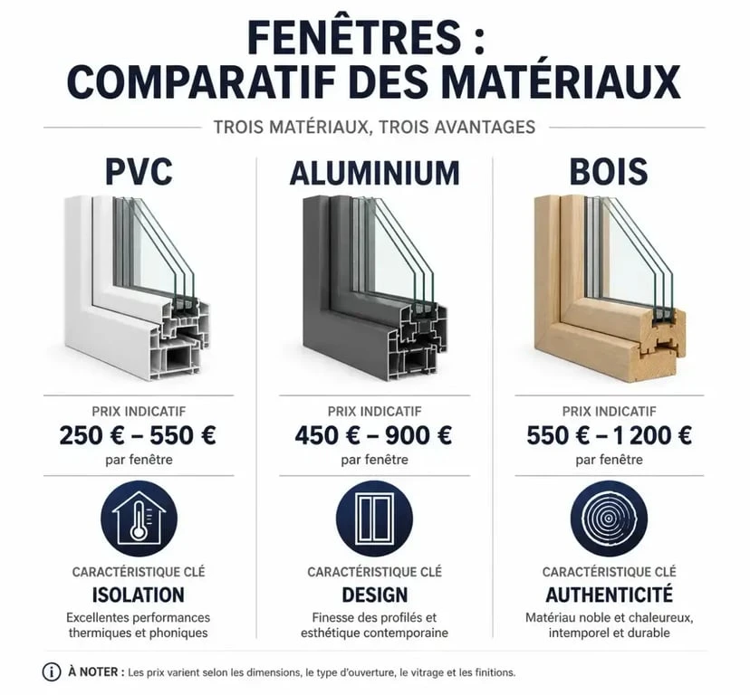 Comparatif des matériaux pour fenêtre double vitrage sur mesure : PVC, Aluminium et Bois