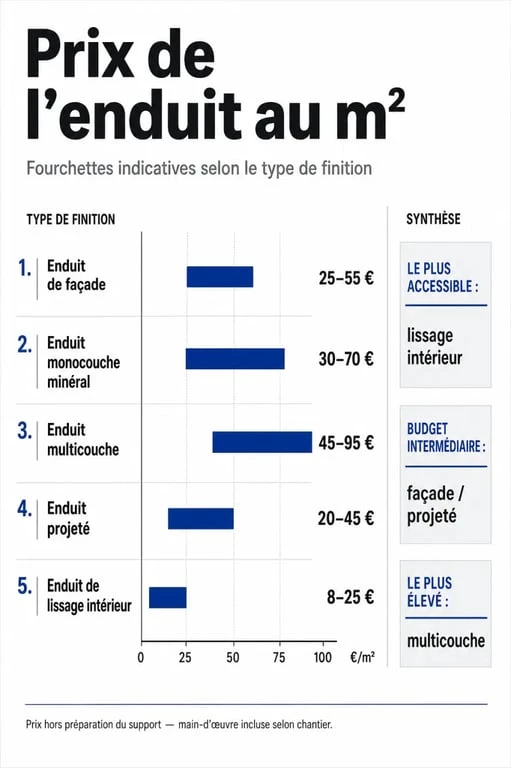 Enduit prix m2 : comparatif visuel des prix au mètre carré selon le type d’enduit