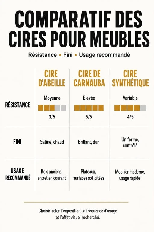 Infographie comparative des types de cires pour meubles : choisir la meilleure cire pour bois