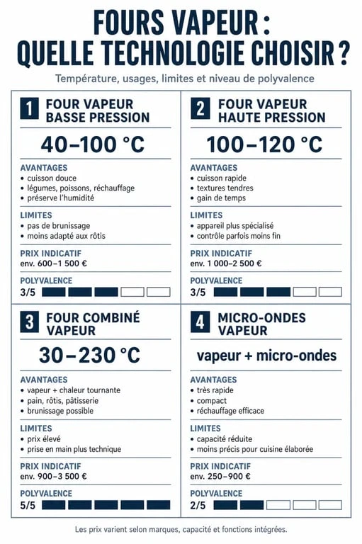 Four vapeur avis : comparatif visuel des principaux types de fours vapeur, de leurs températures, avantages et limites