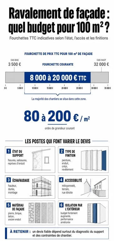 Prix ravalement façade maison 100m2 : infographie des coûts et des facteurs de variation
