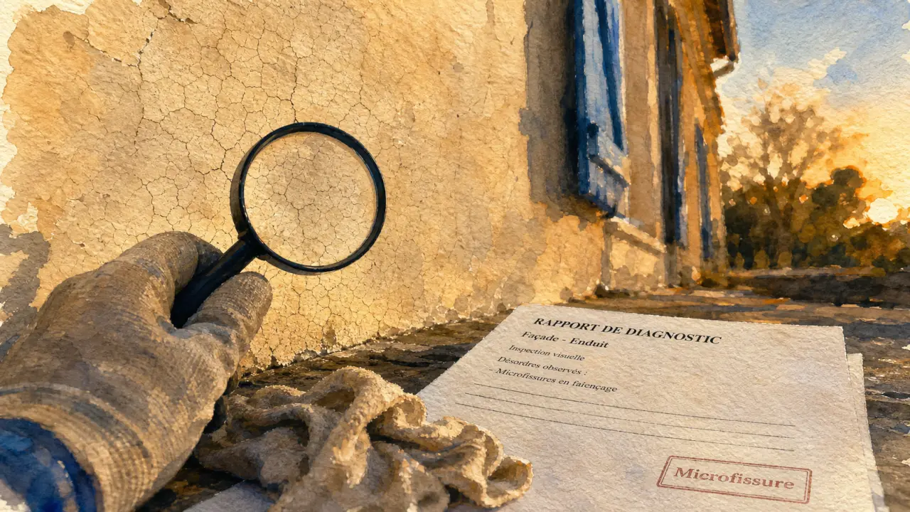 Micro fissure crépi extérieur sur façade, inspection à la loupe