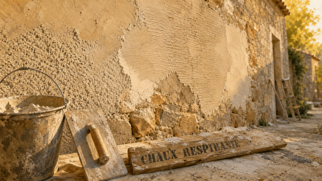 Mur à la chaux extérieur : enduit respirant, support préparé et finition