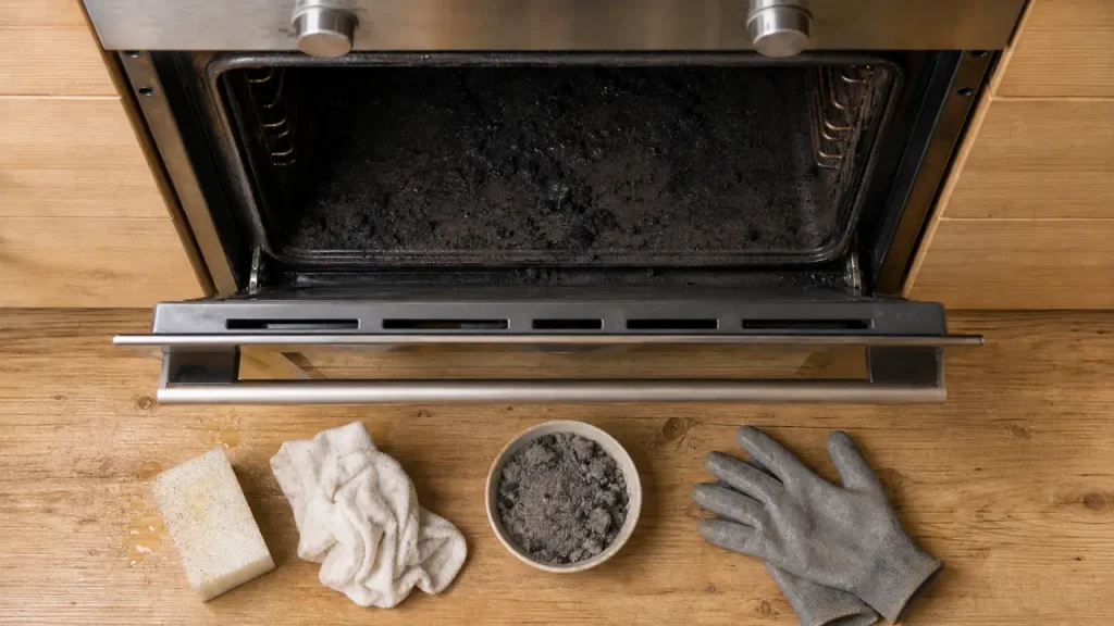 Nettoyage four pyrolyse à 500°C : cendres froides, gants et four entrouvert