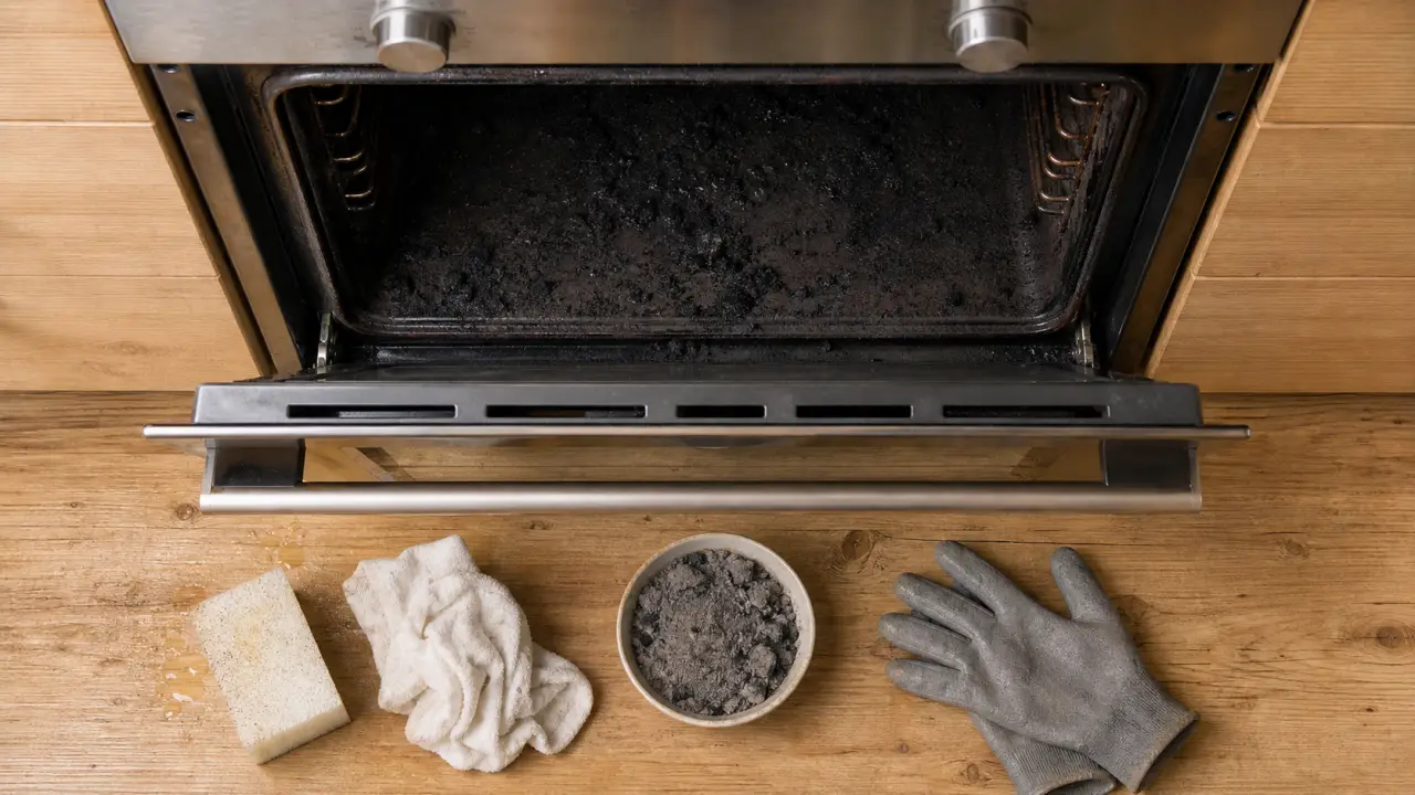 Nettoyage four pyrolyse à 500°C : cendres froides, gants et four entrouvert