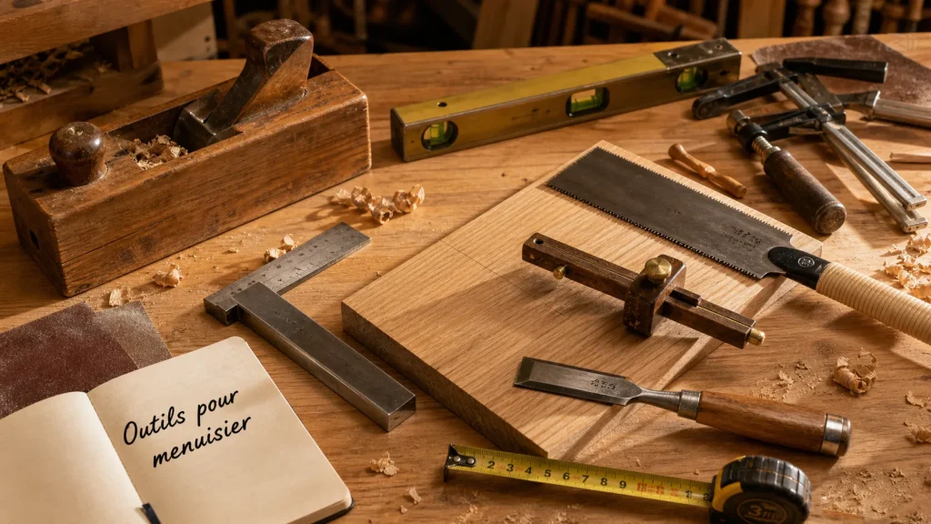 Outils pour menuisier : mètre ruban, équerre, scie japonaise, ciseaux et serre-joints sur un établi