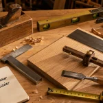 Outils pour menuisier : mètre ruban, équerre, scie japonaise, ciseaux et serre-joints sur un établi