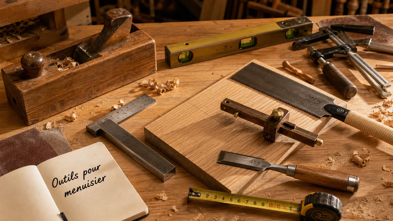 Outils pour menuisier : mètre ruban, équerre, scie japonaise, ciseaux et serre-joints sur un établi