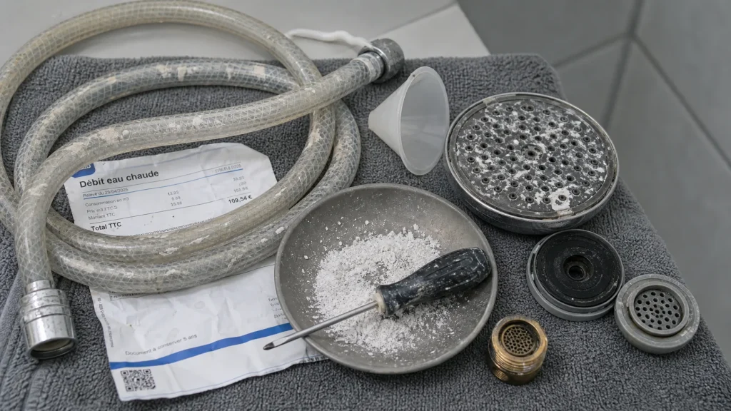 Pas de pression eau chaude : calcaire sur flexible de douche