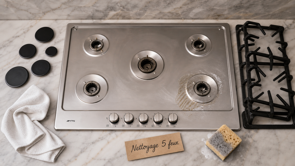 Plaque de cuisson gaz 5 feux facile à nettoyer, grilles inox