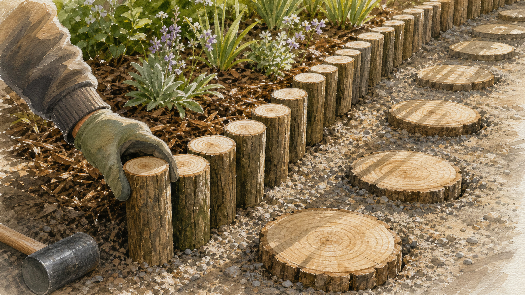 Que faire avec des rondins de bois dans le jardin : bordure de rondins.