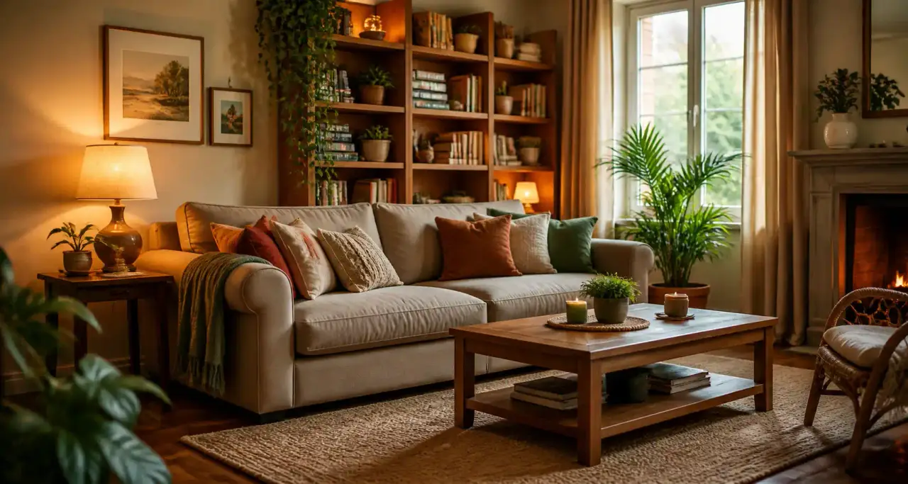 Salon convivial avec canapé, étagère en bois et éclairage chaleureux