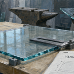 Verre trempée sur mesure, plaque de verre trempée au premier plan dans un atelier
