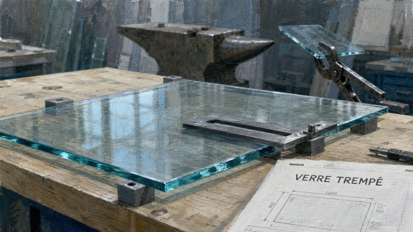 Verre trempée sur mesure, plaque de verre trempée au premier plan dans un atelier