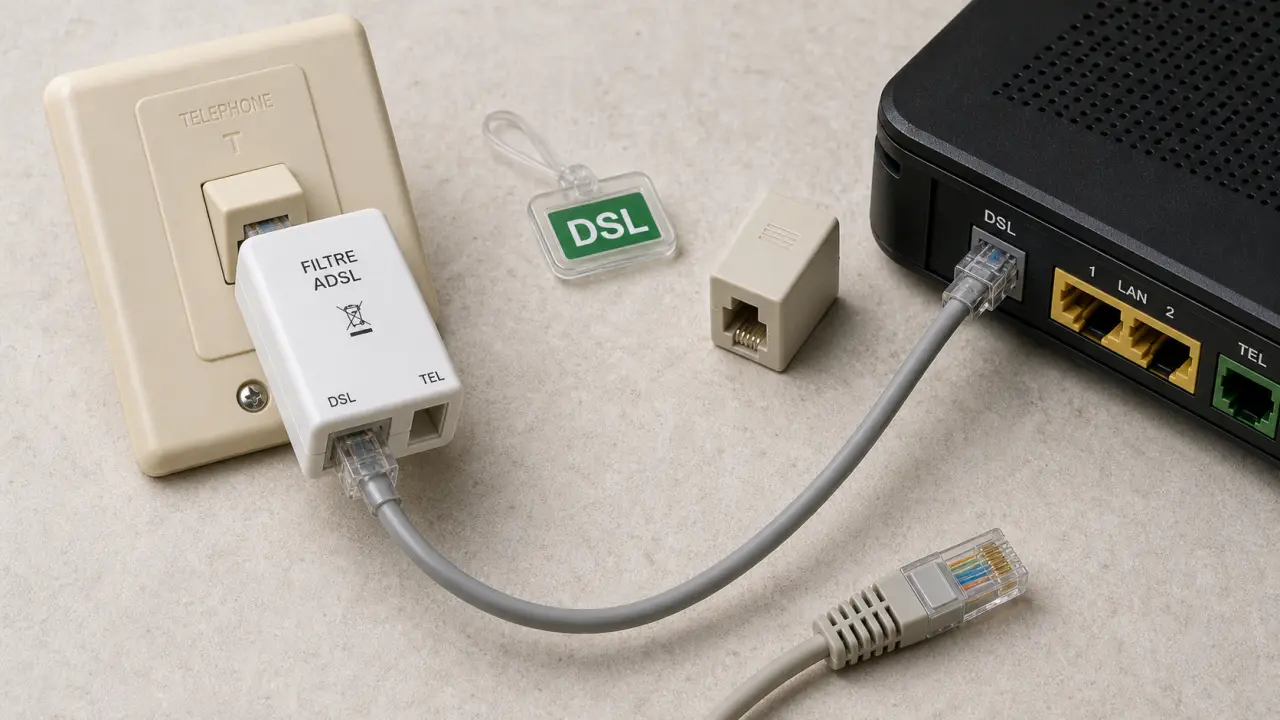 Brancher prise telephone adsl : filtre DSL RJ11 sur prise en T, câble vers box ADSL
