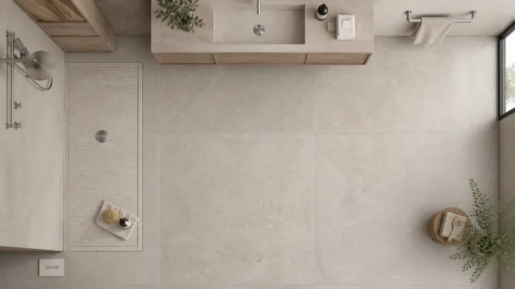 Carrelage salle de bain 120×120, l’option XXL qui réduit les joints et agrandit l’espace