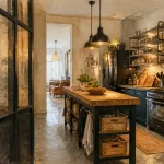 Cuisine atelier industrielle avec verrière noire et plan de travail bois brut