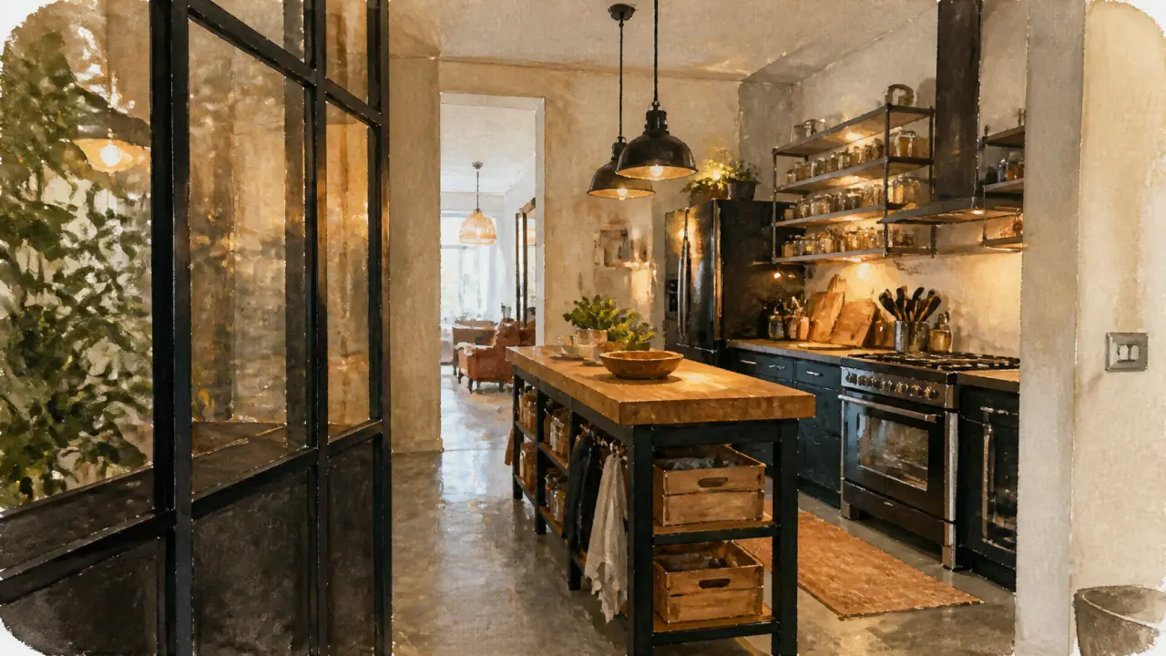 Cuisine atelier industrielle avec verrière noire et plan de travail bois brut