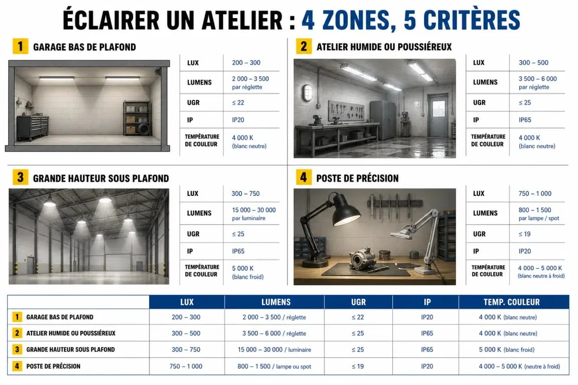 Éclairage led atelier puissant : comparaison visuelle des solutions selon la hauteur, l’humidité et la précision de travail