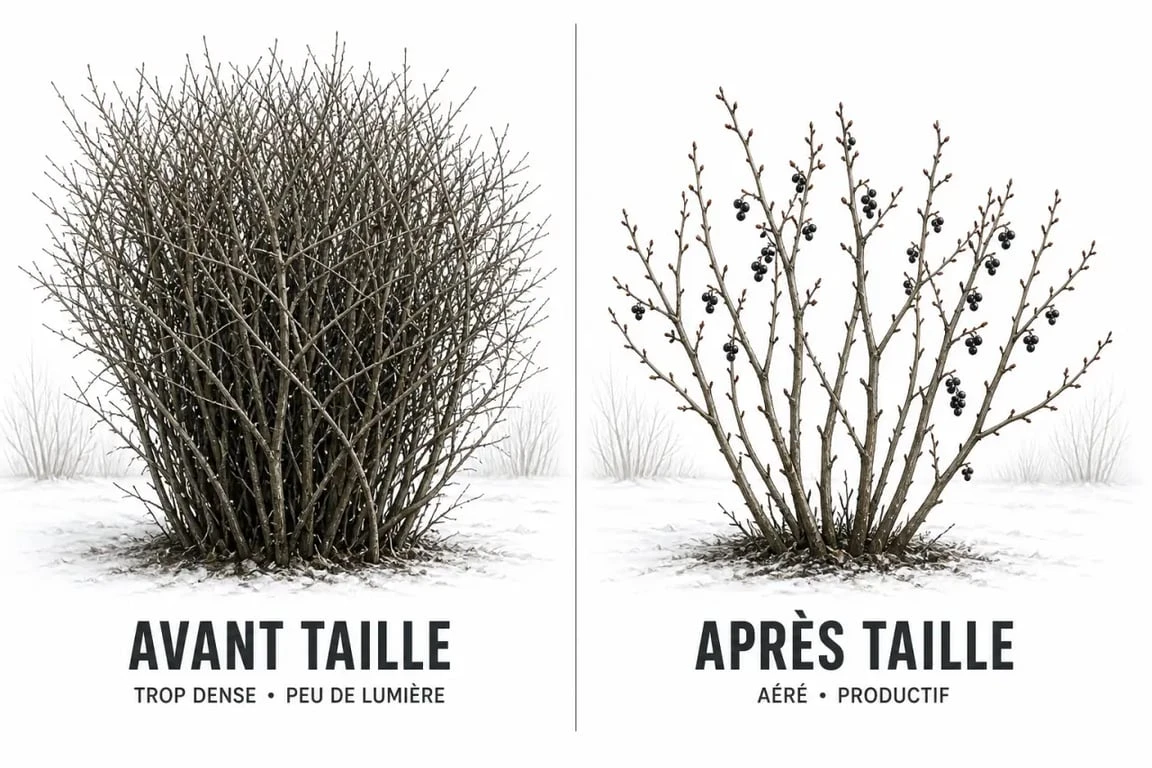 Taille cassissiers : comparaison avant et après d’un buisson dense devenu aéré