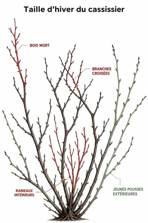 Taille cassissiers : branches à supprimer et branches à conserver sur un arbuste en hiver