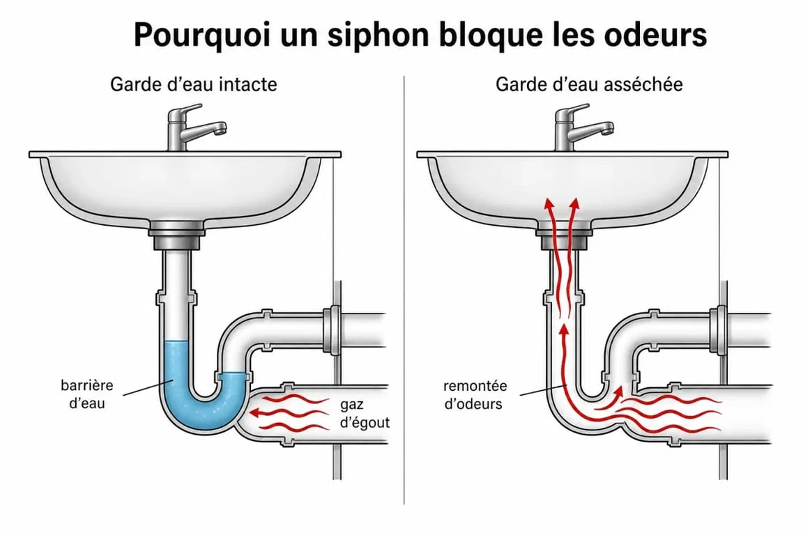 Schéma de l’odeur dans les canalisations avec siphon, garde d’eau et remontée des gaz
