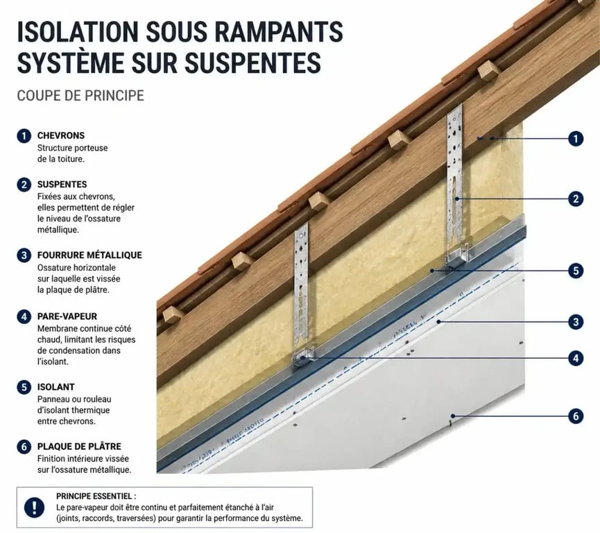 Schéma technique de l'ossature et isolation pour placo sous rampant