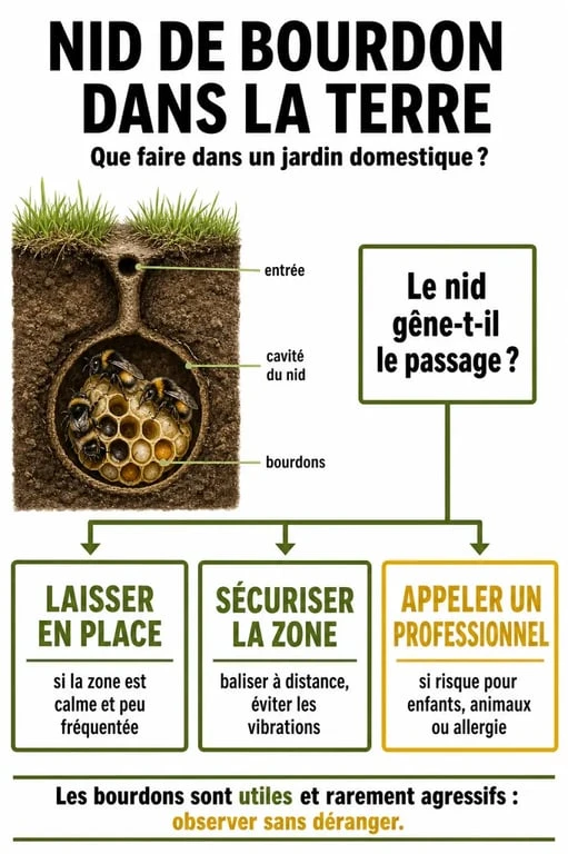 Nid de bourdon dans la terre : arbre de décision pour laisser, sécuriser ou appeler un professionnel