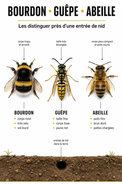 Nid de bourdon dans la terre : comparaison visuelle entre bourdon, guêpe et abeille