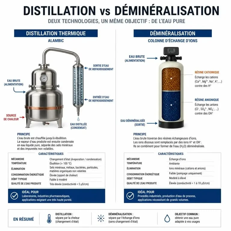 Schéma comparatif des procédés de fabrication de l'eau distillée et de l'eau déminéralisée