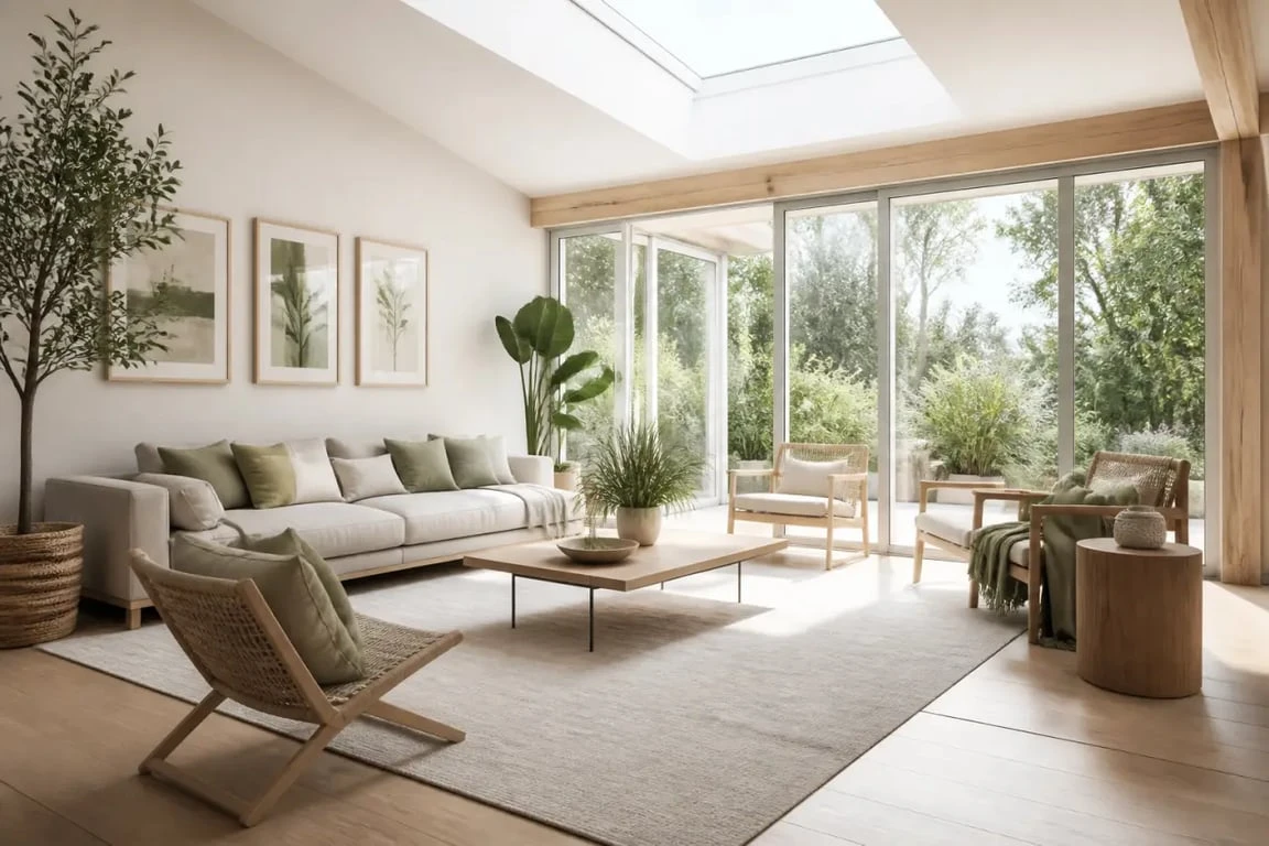Décoration véranda intérieur lumineuse avec canapé bas, plantes et bois clair