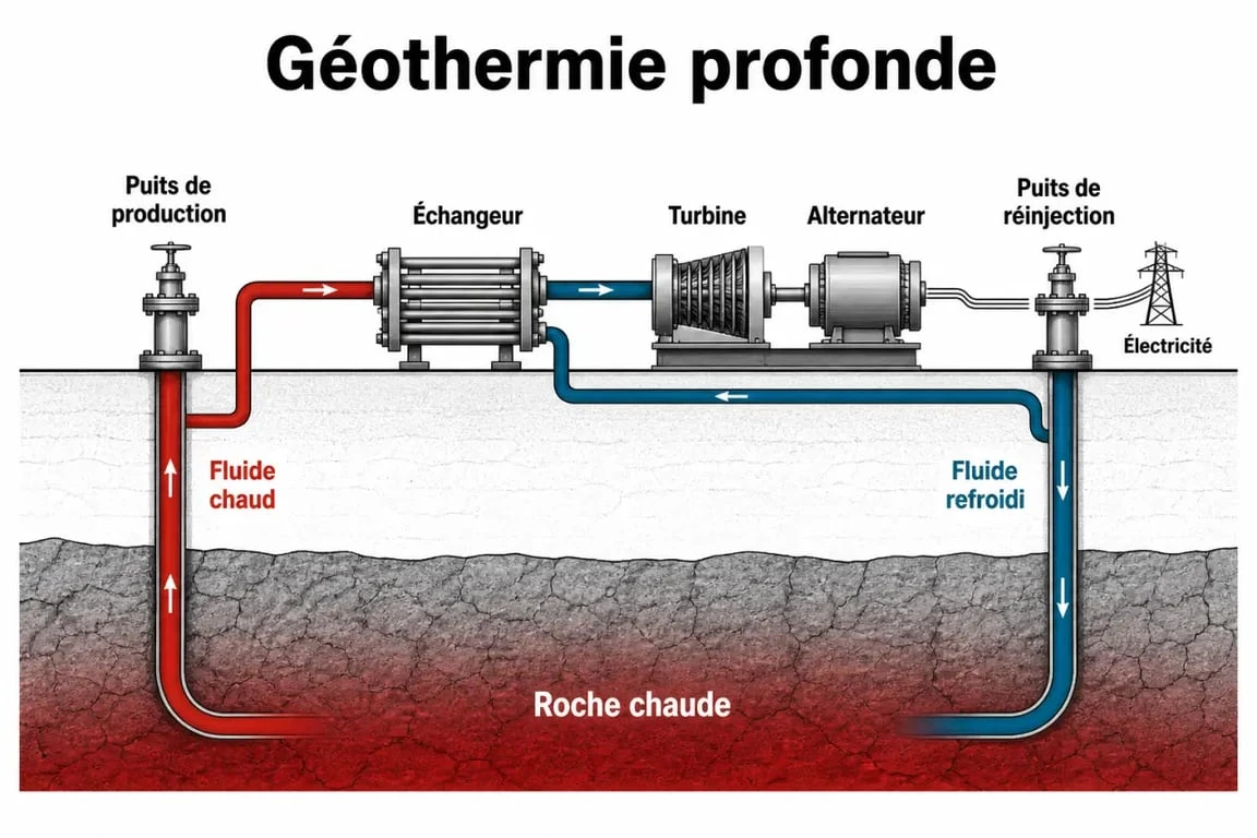 Fonctionnement de la géothermie profonde pour produire de l’électricité avec réinjection